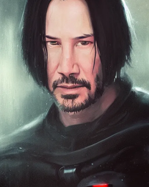 Image similar to 5 5 mm portrait photo of keanu reeves 2 as darth revan. magical atmosphere. art by greg rutkowski. highly detailed 8 k. intricate. lifelike. soft light. nikon d 8 5 0.