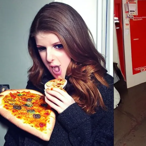 Image similar to paparazzi photo of Anna Kendrick eating two pizzas at once