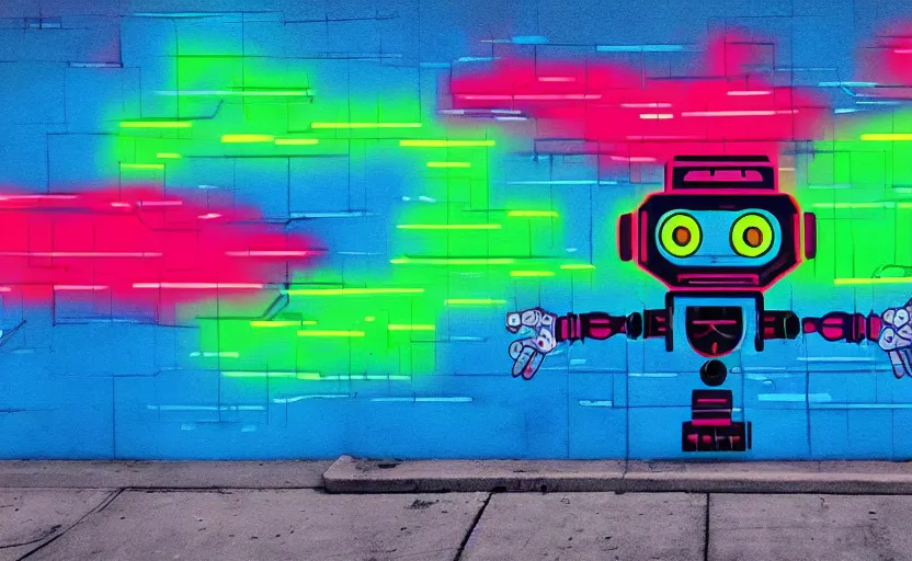 Prompt: mural of a cyberpunk robot, neon colors, painted on a giant wall