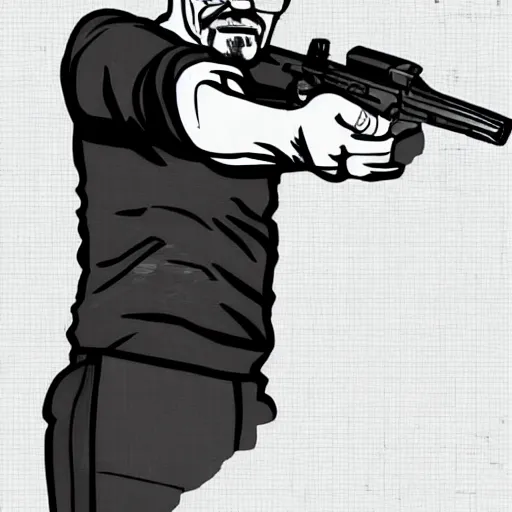 Image similar to Walter White pointing a gun at right side, accurate anatomy, highly detailed