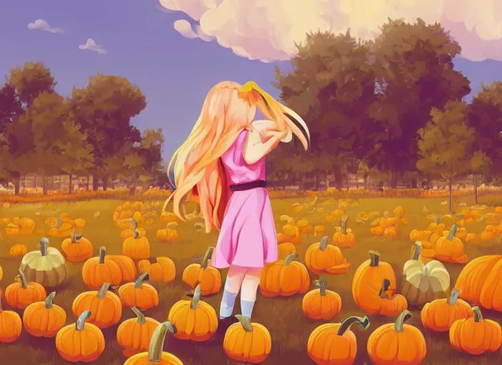 Image similar to little girl with long blonde hair visiting a pumpkin patch. she is facing away from the viewer. clean cel shaded vector art. shutterstock. behance hd by lois van baarle, artgerm, helen huang, by makoto shinkai and ilya kuvshinov, rossdraws, illustration, art by ilya kuvshinov