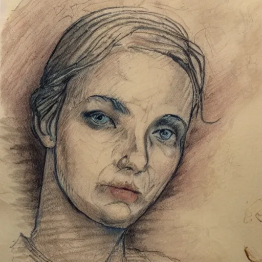 Prompt: hand drawn portrait showing pencil, ink, watercolor and ink work on paper with an old paper texture in the style of the old masters