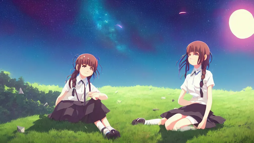 Image similar to a schoolgirl girl sat on the hillside and looked at the stars in the night sky, midnight, spectacular milky way, shining meteor, rich vivid colors, ambient lighting, official media, anime key visual, makoto shinkai, ilya kuvshinov, lois van baarle, rossdraws, detailed, trending on artstation.