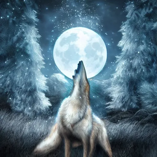 Image similar to a wolf made out of clear crystal with moon shining through it, fantasy art, high definition, lens flares