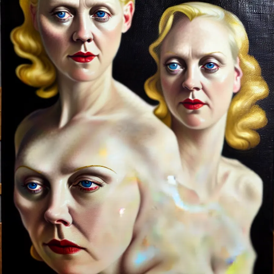 Image similar to exquisite oil painting on canvas of gwendoline christie portraying lucifer, woman's portrait, gorgeous face, goldilocks, porcelain looking skin, intense gaze golden eyes, unique and intricate painting, stunning ivory dress, elegant, majestic, 4 k, ultra high quality, canon, hyperrealist, by annie leibovitz