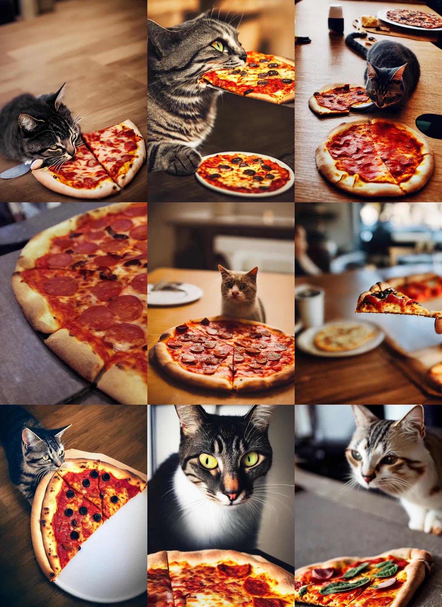 Prompt: cat stealing a slice of pizza, photograph, iphone, sharp focus