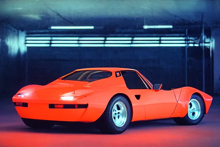 Image similar to studio photoshoot designed by giorgetto giugiaro of a single 1 9 8 8 fj 4 0 miura, thick neon lights, ektachrome photograph, volumetric lighting, f 8 aperture, cinematic eastman 5 3 8 4 film