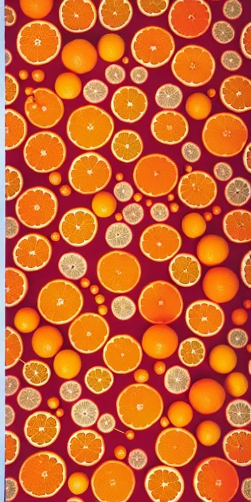 Image similar to campari and oranges organized in a seamless repeating pattern of campari and oranges, colourful, symmetrical, repeating 3 5 mm photography, in the style of toiletpaper magazine, surreal, high detail, photograph by slim aarons, wes anderson,