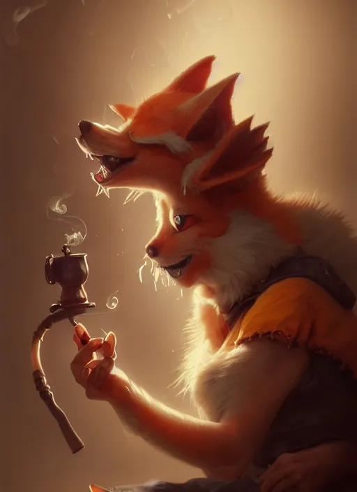 Image similar to cute kitsune smoking a pipe, subsurface scattering, by jesper ejsing, justin gerard, tomasz alen kopera, cgsociety and fenghua zhong, highly detailed, rim light, cinematic lighting, illustration, art, octane render, very coherent, cinematic, hyper realism, high detail, octane render, 8 k