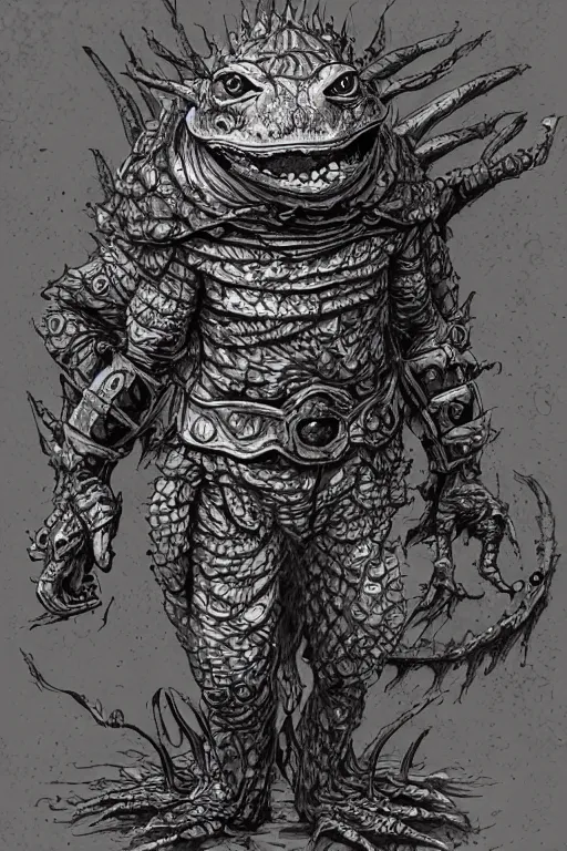 Image similar to toad goblin, wearing armour, swamp, symmetrical, highly detailed, digital art, sharp focus, trending on art station, kentaro miura manga art style