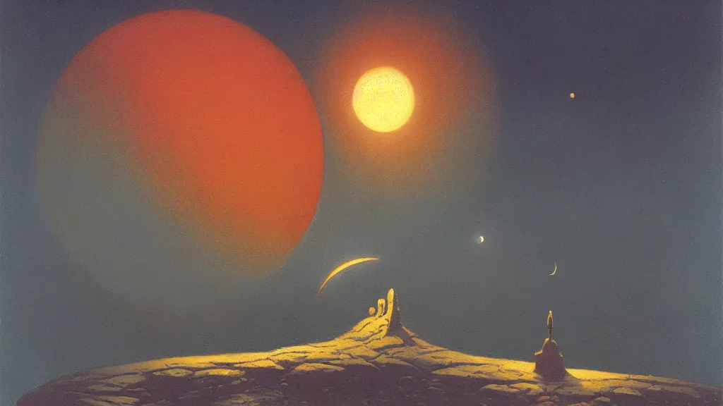 Image similar to mysterious sculpture of an alien crescent moon by paul lehr and john schoenherr, cinematic matte painting