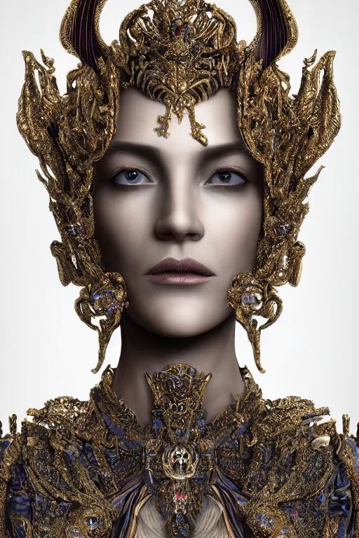 Image similar to hyper-realistic ultra-detailed maximalist and dramatic elegant luxury beautiful young empress portrait by igor goryunov and patricio clarey inspired by andrei riabovitchev and heidi taillefer Rendered by binx.ly 8k. Generative art. Fantastic realism. Scifi feel. Extremely Ornated. Intricate and omnious. Tools used: Blender Cinema4d Houdini3d zbrush. Unreal engine 5 Cinematic. Beautifully lit. No background. artstation. Deviantart. CGsociety.