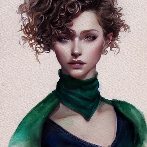 Prompt: short curly blonde haired girl, green eyes, artstation, watercolor, highly detailed, portrait, by Charlie bowater