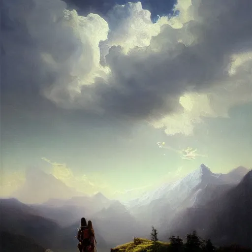 Image similar to a traveler wandering trough the mountains looking at the clouds, very detailed, oil painting, cinematic lighting, neo-romanticism, albert bierstadt, trending on artstation