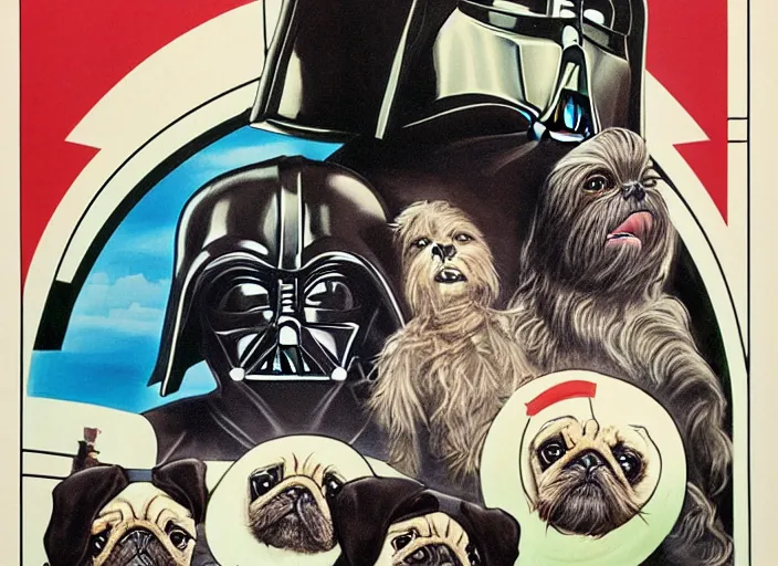 Image similar to vintage 1 9 7 7 star wars episode iv a new hope movie poster, with pugs instead of people