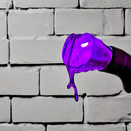 Image similar to photo of purple translucent slime coming out of a silver faucet, brick wall, 50mm, beautiful photo