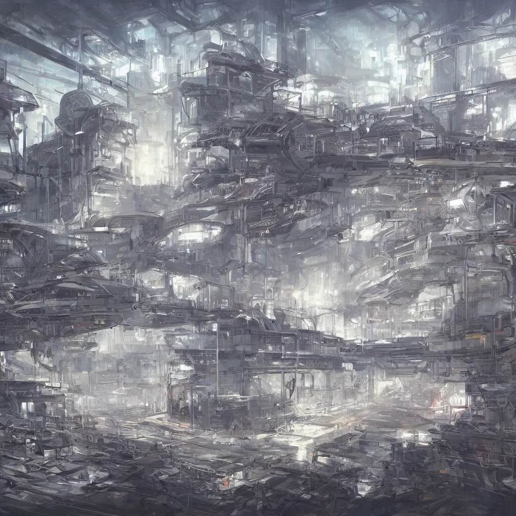 Prompt: a painting of a futuristic factory made of chrome, concept art by taro yamamoto, pixiv contest winner, auto - destructive art, official art, concept art, pixiv