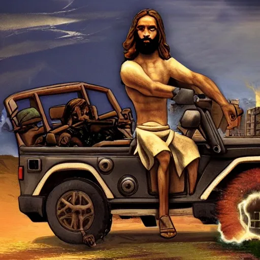 Image similar to jesus with a machine gun riding a jeep, explosions in the background