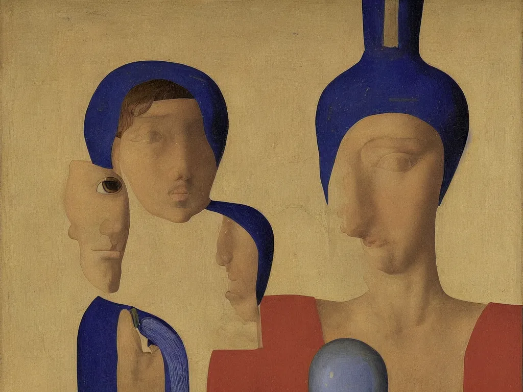 Image similar to portrait of a head with vase, amphora. lapis lazuli, malachite, cinnabar, gold. painting by piero della francesca, balthus, agnes pelton