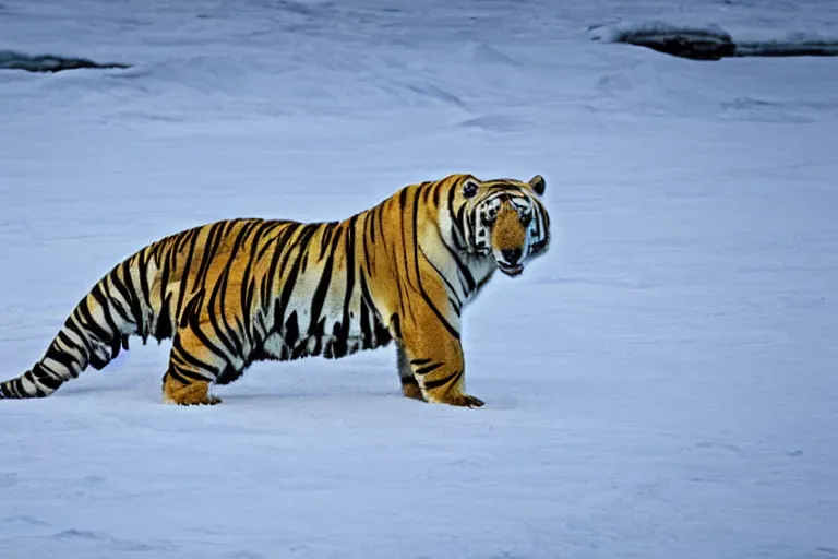 Image similar to a tiger polar bear!!! hybrid! hyper realistic!! realistic lighting!! wildlife photographer of the year!!! bold natural colors, national geographic, hd, wide angle, 8 k