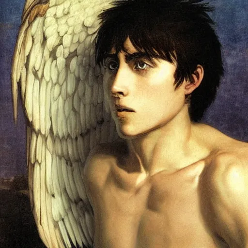 Prompt: a portrait of EREN YEAGER in the style of The Fallen Angel (1847) painting by Alexandre Cabanel