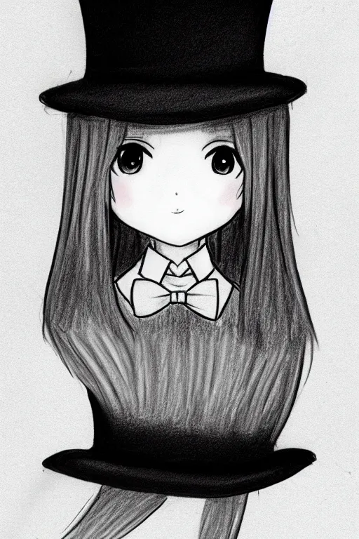 Image similar to cute loli in a tall black top hat, face profile, pencil sketch, gray scale, anime style