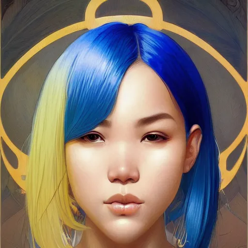 Prompt: filipino girl blue - yellow hair nasal strip, intricate, elegant, highly detailed, my rendition, digital painting, artstation, concept art, smooth, sharp focus, illustration, art by artgerm and greg rutkowski and alphonse mucha and uang guangjian and gil elvgren and sachin teng, symmetry!!