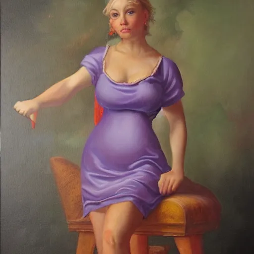 Image similar to dutch master style oil painting of a 1 9 9 0 s bimbo in a minidress, high art