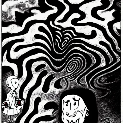 Prompt: courage the cowardly dog manga, black and white, in the style of junji ito