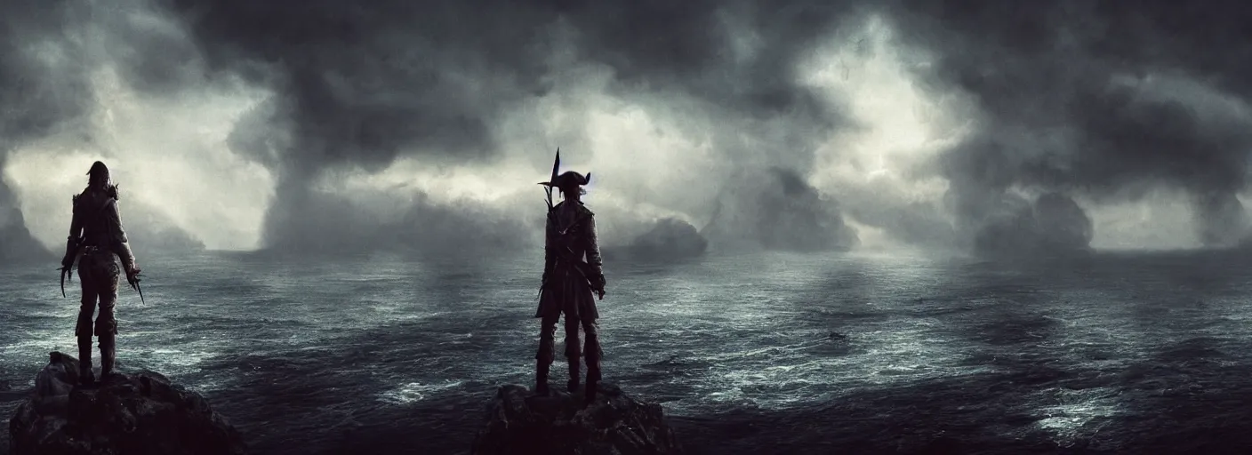 Prompt: a pirate standing on his ship watching big explosions on the wild sea, beautiful dramatic moody lighting, cinematic atmosphere, high detail, 8k, ornate, dark fantasy, masterpiece, complex, film still from the movie directed by Denis Villeneuve with art direction by Zdzislaw Beksiński, Dan Mumford, Patiphan Sottiwilaiphong, Yintion J - Jiang Geping