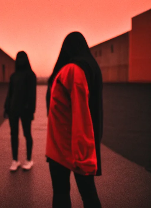 Image similar to cinestill 5 0 d photographic portrait of 2 women holding hands, wearing black techwear in front of a brutalist brushed metal building, closeup, on a desolate plain with a red sky, dystopia, cyberpunk, closeup, depth of field, 4 k, 8 k, hd, full color