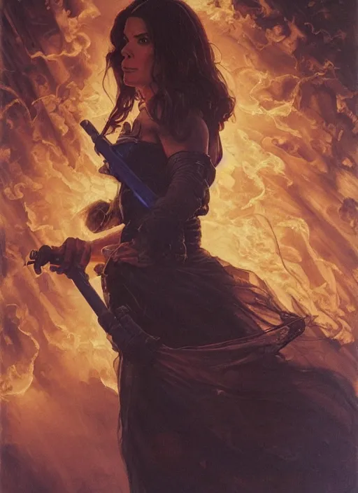 Image similar to Sandra Bullock (1990) as a muscled heroine staring into the camera, torch shadows, foggy night, intricate, elegant, highly detailed, Donato Giancola, Joseph Christian Leyendecker, WLOP, Boris Vallejo, Artgerm