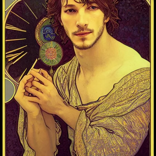 Image similar to gaspard ulliel portrait by louis - theophile hingre and alphonse mucha, realistic, sharp focus, zodiac signs, tarot cards, planets, ethereal, art nouveau, magic, moon, sun, crown, dreamy, royal, jewellery