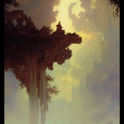 Image similar to Concept art, Clouds at dusk, 8k, alphonse mucha, james gurney, greg rutkowski, john howe, artstation