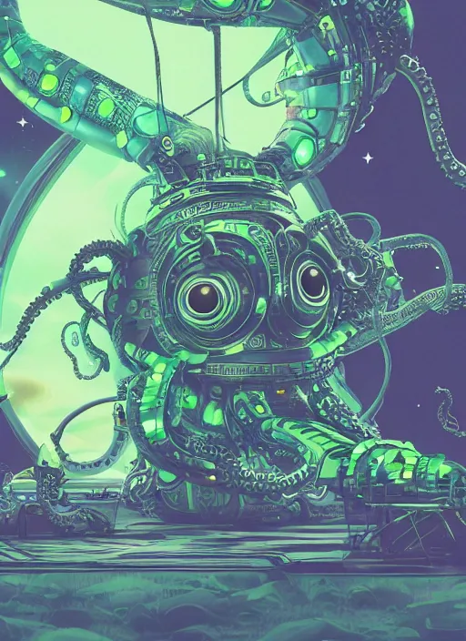 Prompt: robotic cyborg octopus in the space rocket 4 k, vaporwave style, green helmet, super detailed photorealistic, art by akihiko yoshida