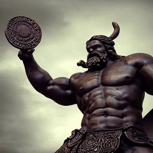 Image similar to a grand bronze statue of a burly muscular viking wielding a halberd, holding a hanging ancient scale balance in one outstretched hand, with a small building located on the scale balance, flowing hair and long robes, regal and menacing visage, built in a verdant field surrounded by ancient ruins, twilight sky, enhanced 4 k stylized digital art