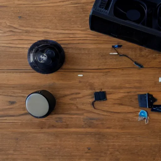 Image similar to a microphone taken apart and all its parts laid out neatly on a table