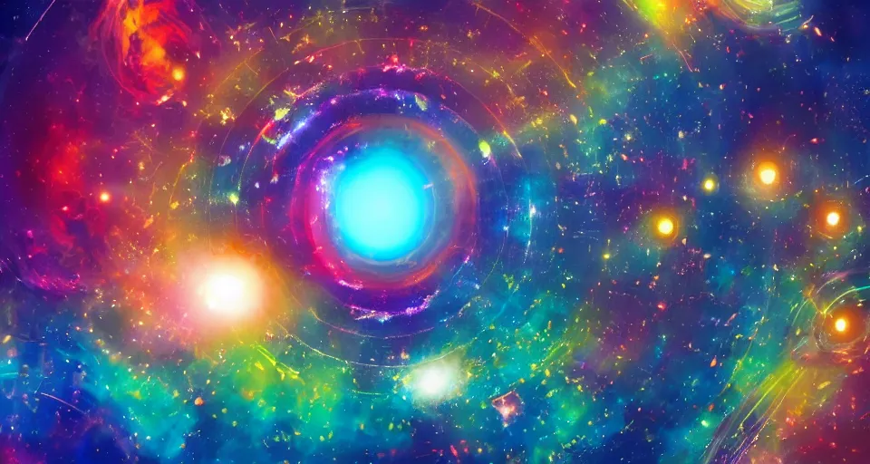 Image similar to a cosmic portal to the gigantic mystic colorful robotic being in the middle of the universe, stylized, 8k, cinematic, hyper-detailed, imax quality