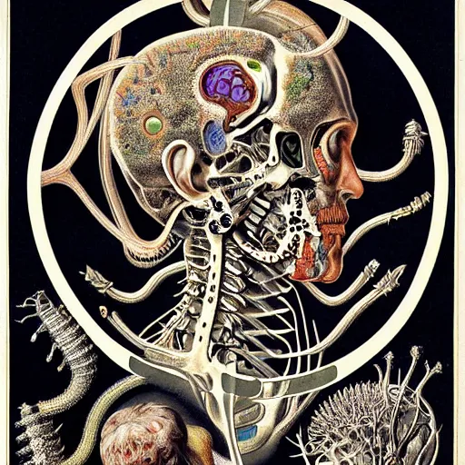 Prompt: cyborg anatomy by ernst haeckel, masterpiece, vivid, very detailed