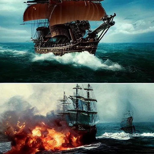 Image similar to pirate, ship, fire, ocean, cinematic, artistic, trending, epic, wind, wild, beautiful, tragedy, tragic, movie