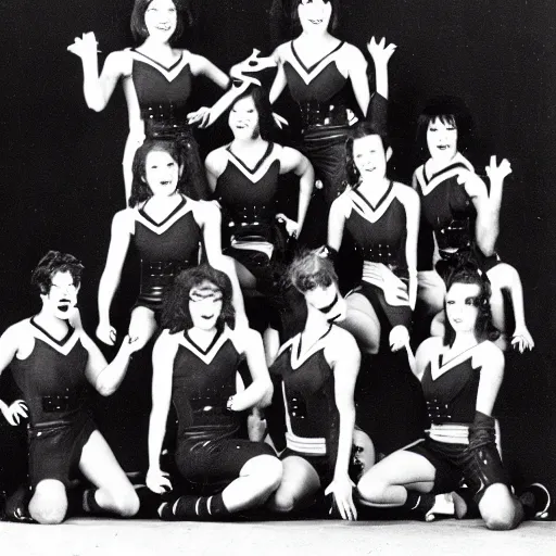 Prompt: xenomorph cheerleading squad yearbook photo