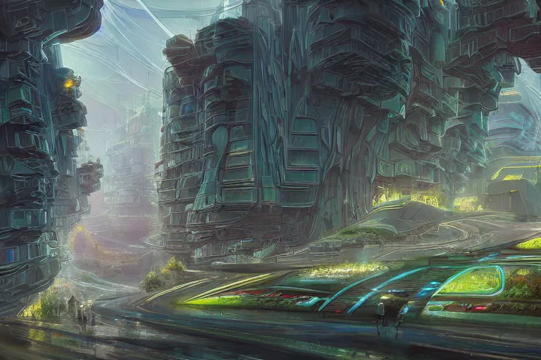 Prompt: futuristic cyberpunk city, advance civilization, luxurious streets, with lush Italian sakura garden located on Waimea canyon in Kauai, rocks formed by water erosion, beautiful smooth sandstone in unique shapes with light beams that shine through its walls, polish narrow slots of walls into a striated swirling finish, digital painting, concept art, smooth, sharp focus, from Star Trek 2021, illustration, by WLOP and Ruan Jia and Mandy Jurgens and William-Adolphe Bouguereau, Artgerm