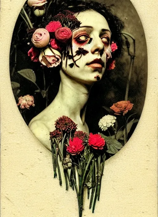 Image similar to beautiful and detailed rotten woman made of plants and many types of stylized flowers like carnation, chrysanthemum, roses and tulips, intricate, surreal, john constable, guy denning, gustave courbet, caravaggio, romero ressendi 1 9 1 0 polaroid photo