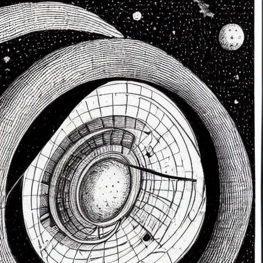 Prompt: astronaut opening door that shows the universe illustrated by davinci, golden ratio, circles, squares, perfection, intricate, sublime, heavenly, doorway, detailed, pencil art, spirals