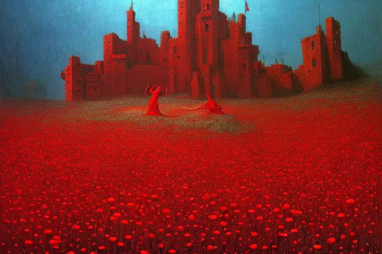 Image similar to only with red, red flowers of different types, a castle in the background, red orcs and trolls dance over the flowers, in the style of beksinski, part by hopper, part by rodcenko, part by hofbauer, intricate composition, red by caravaggio, insanely quality, highly detailed, masterpiece, red light, artstation