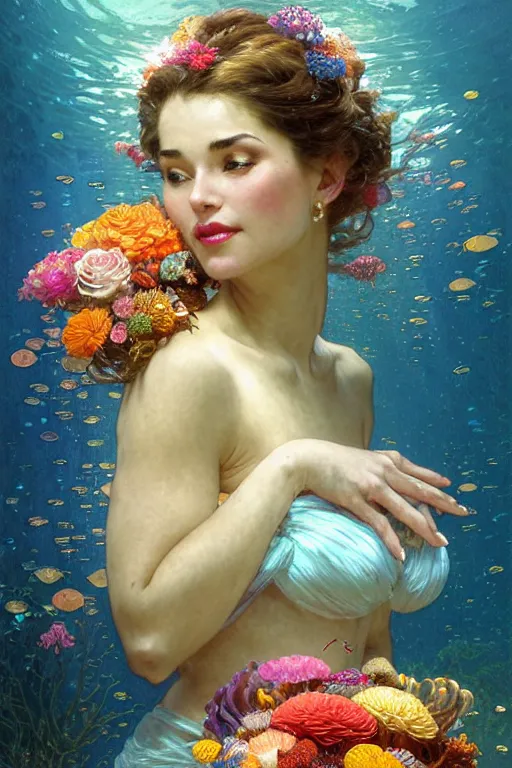 Image similar to portrait of a beautiful mysterious woman holding a bouquet of flowing flowers, small bubbles from her mouth, hands hidden under the bouquet, submerged underwater filled with colorful small fish and coral reef, fantasy, regal, intricate, by stanley artgerm lau, greg rutkowski, thomas kindkade, alphonse mucha, loish, norman rockwell