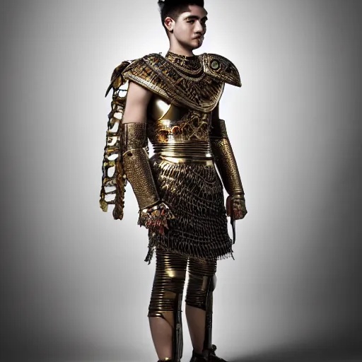 Prompt: a portrait of a beautiful young sumerian male wearing an alexander mcqueen armor , photographed by andrew thomas huang, artistic