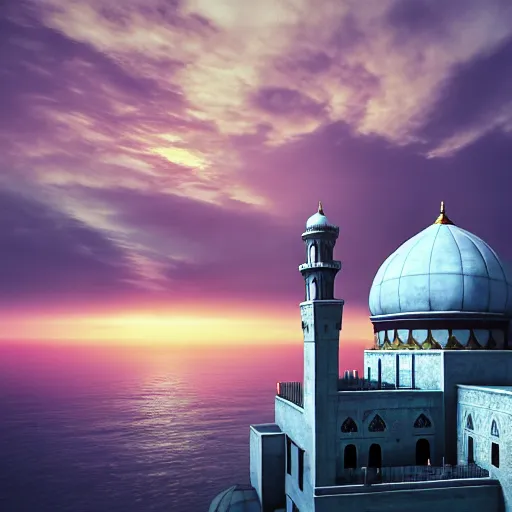 Prompt: an old mosque with huge dome and tall minarets, a sunset and a huge clouds in the background, heavy sea in front, on style of aivazovsky, 4k, epic lights, sun beams, ultra details, hyper realistic, octane render, unreal engine, unbelievable graphics, 8k,