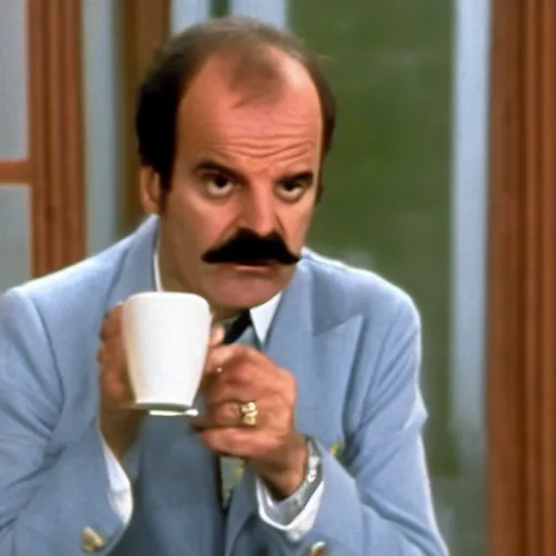 Image similar to a still of basil fawlty drinking a cup of tea
