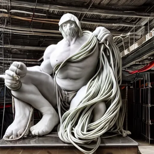 Prompt: a smooth marble statue of a balrog wrapped in wires